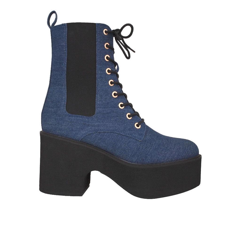 Black platform boots with denim upper, lace-up front, and slip-on style.