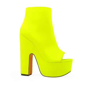 Neon yellow open toe women's heel-side view