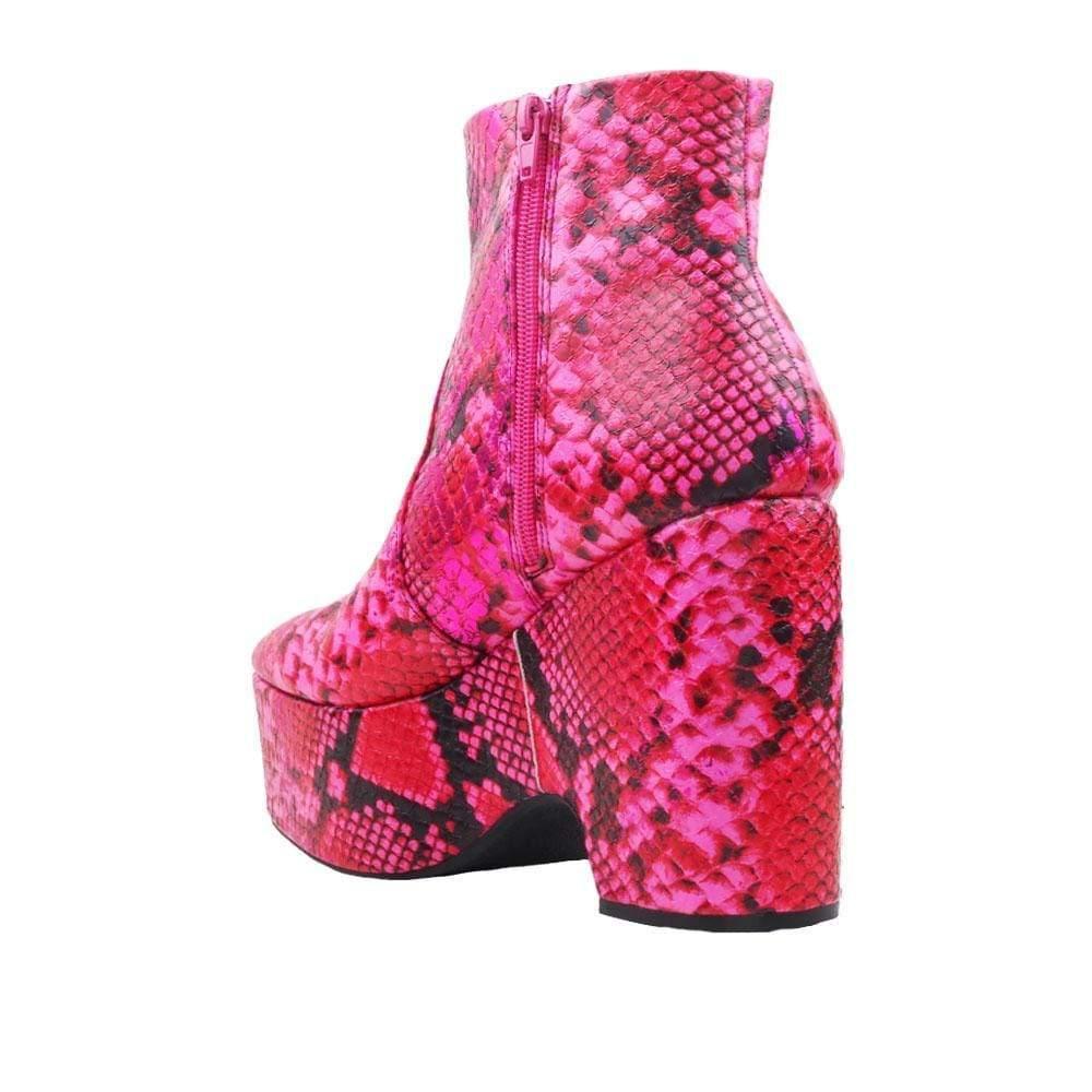 Fuchsia snake print women's platform heel-posterior view