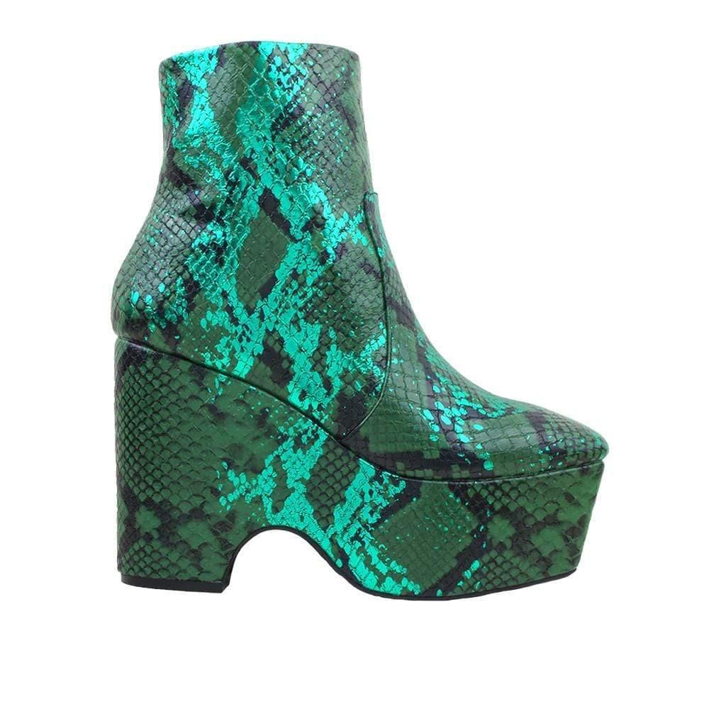 Green snake print women's platform heel-side view