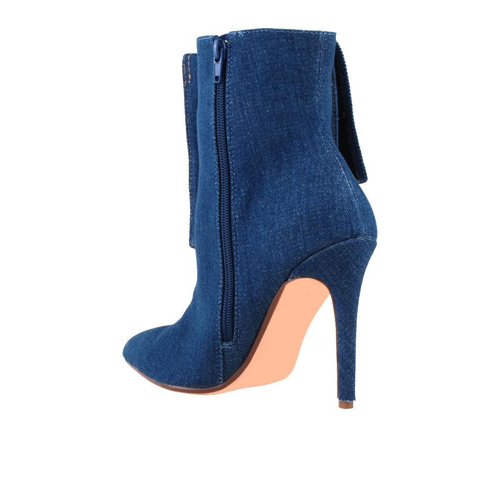 Dark blue denim women's heel-posterior view