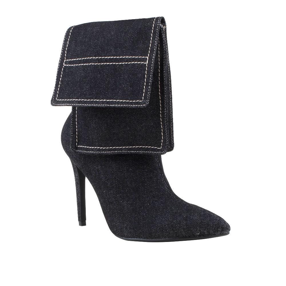 Black denim women's heel-corner view