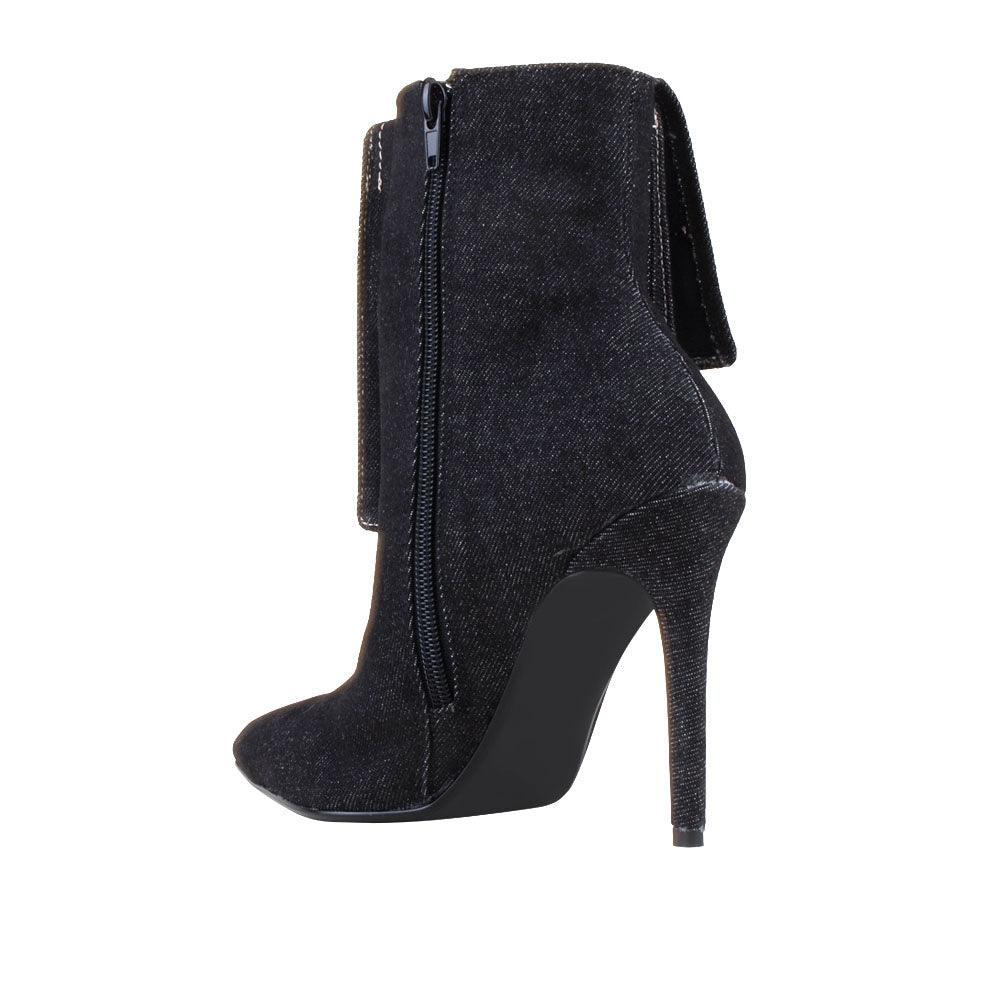 Black denim women's heel-posterior view