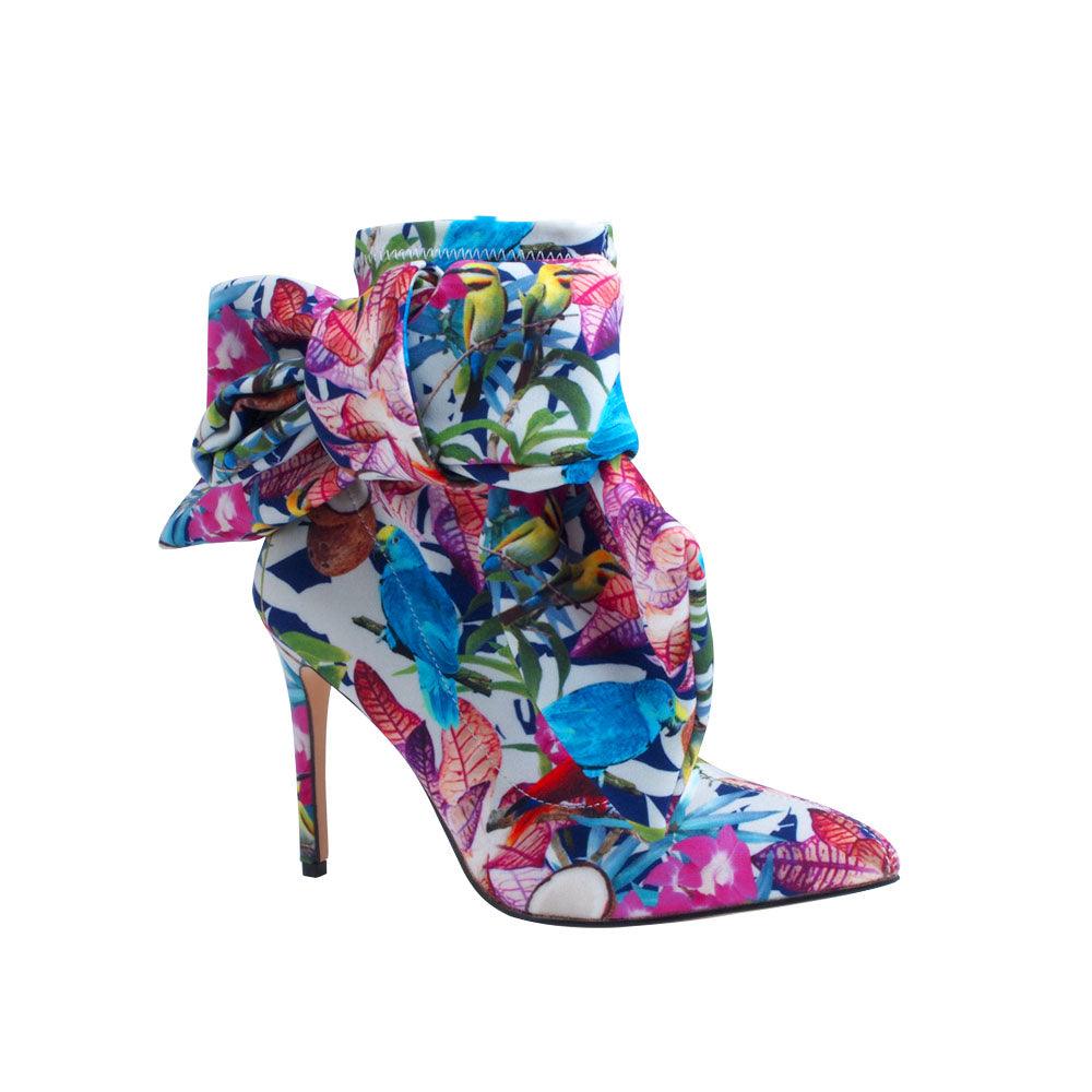 Multi colour floral lycra upper women's boot heels with bow-corner ivew