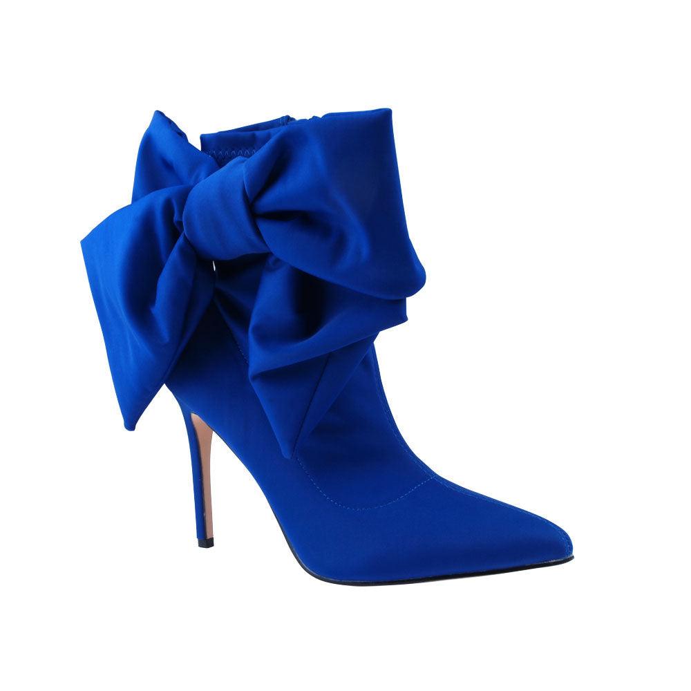 Cobalt lycra upper women's boot heels with bow-corner view