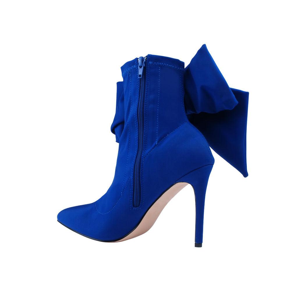 Cobalt lycra upper women's boot heels with bow-posterior view