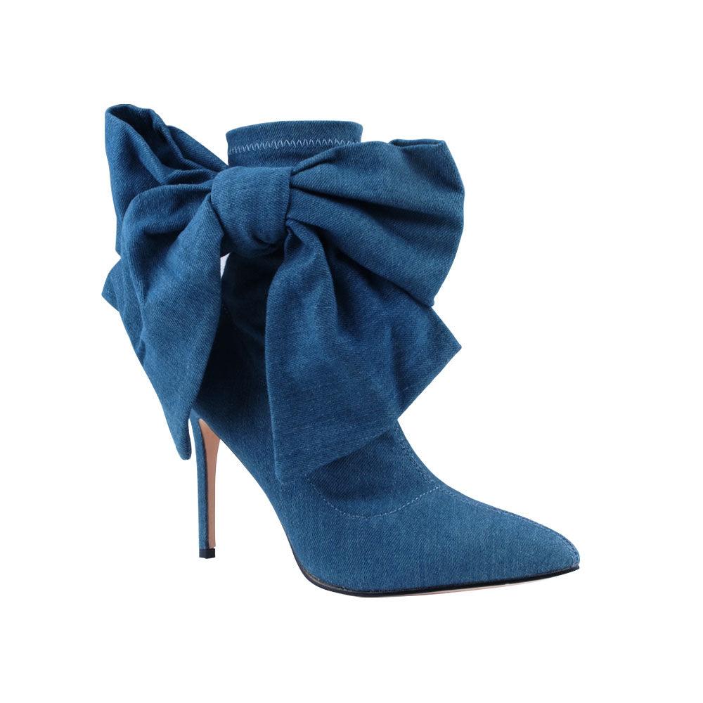 Denim lycra upper women's boot heels with bow-corner view