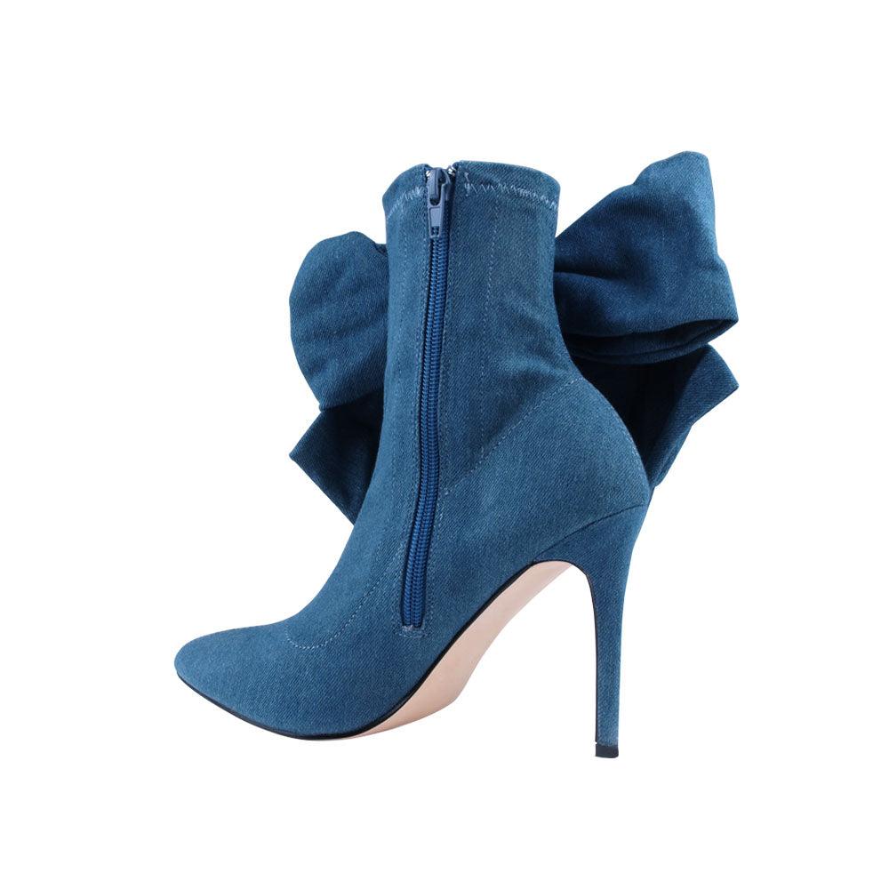 Denim lycra upper women's boot heels with bow-posterior view