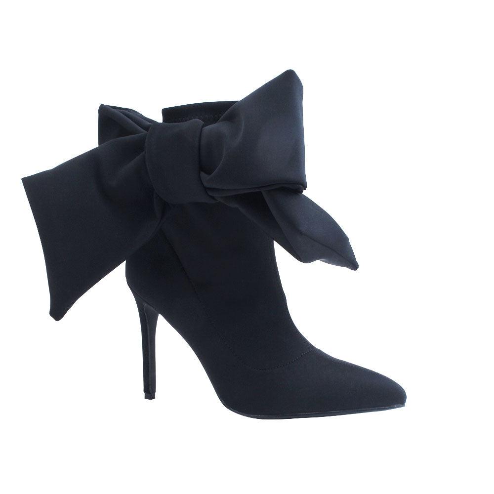 Black lycra upper women's boot heels with bow-corner view