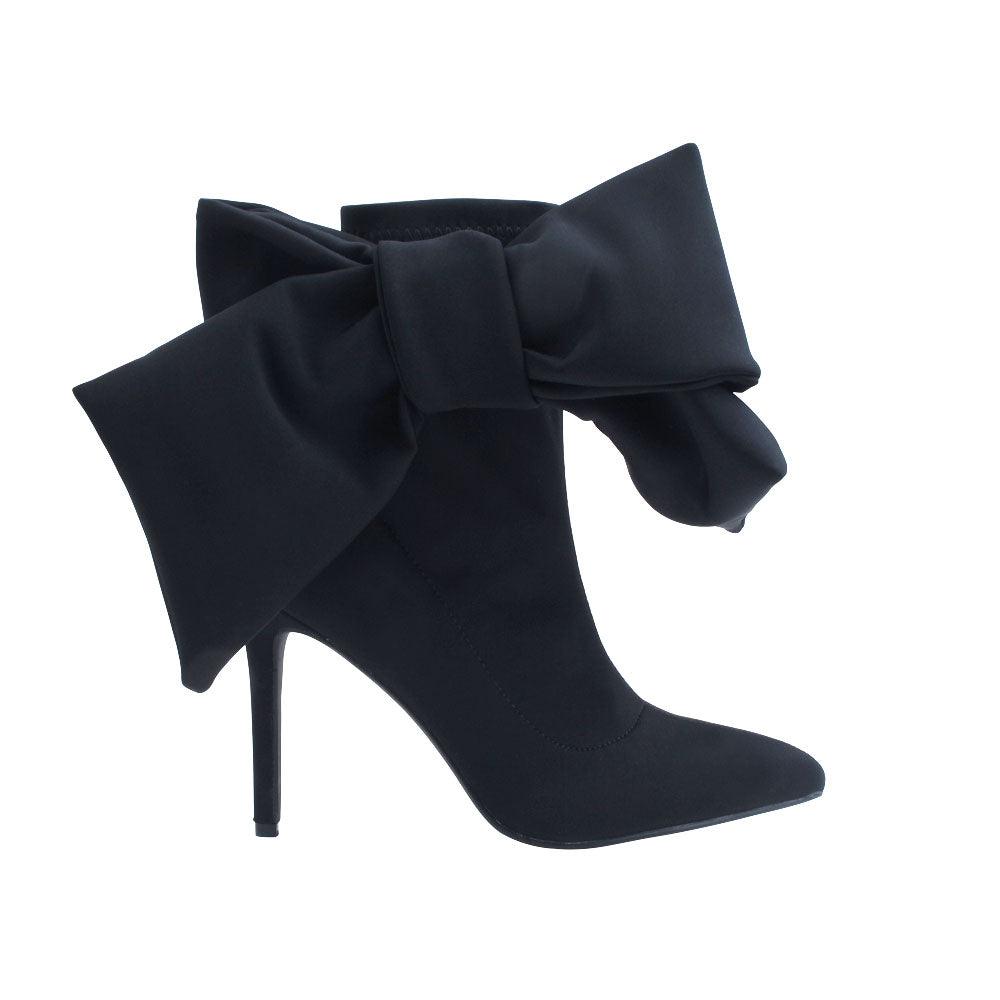 Black lycra upper women's boot heels with bow-side view