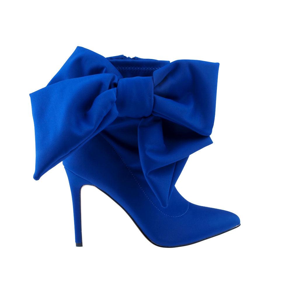 Cobalt lycra upper women's boot heels with bow-side view