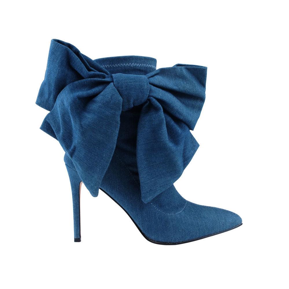 Denim lycra upper women's boot heels with bow-side view