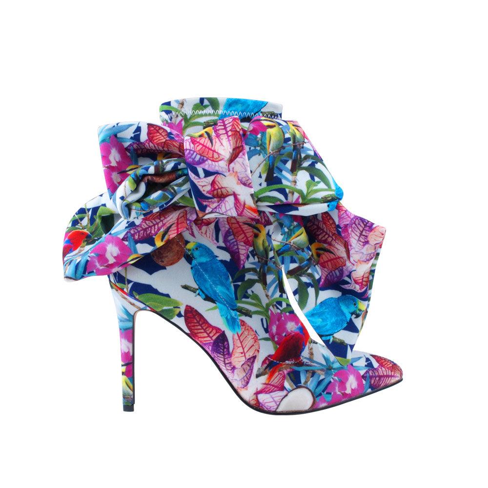 Multi colour floral lycra upper women's boot heels with bow-side view