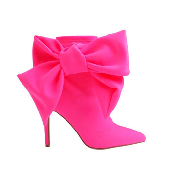 Neon pink lycra upper women's boot heels with bow-side view