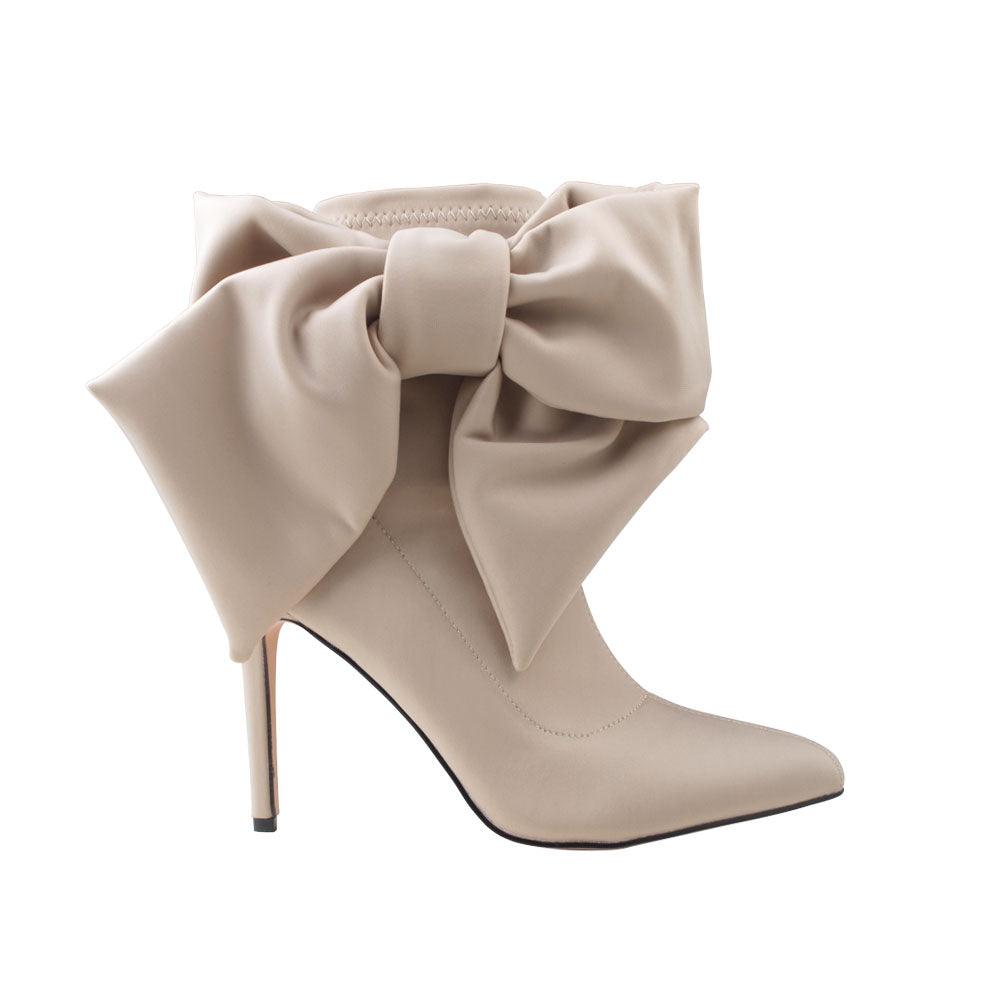 Nude lycra upper women's boot heels with bow-side view