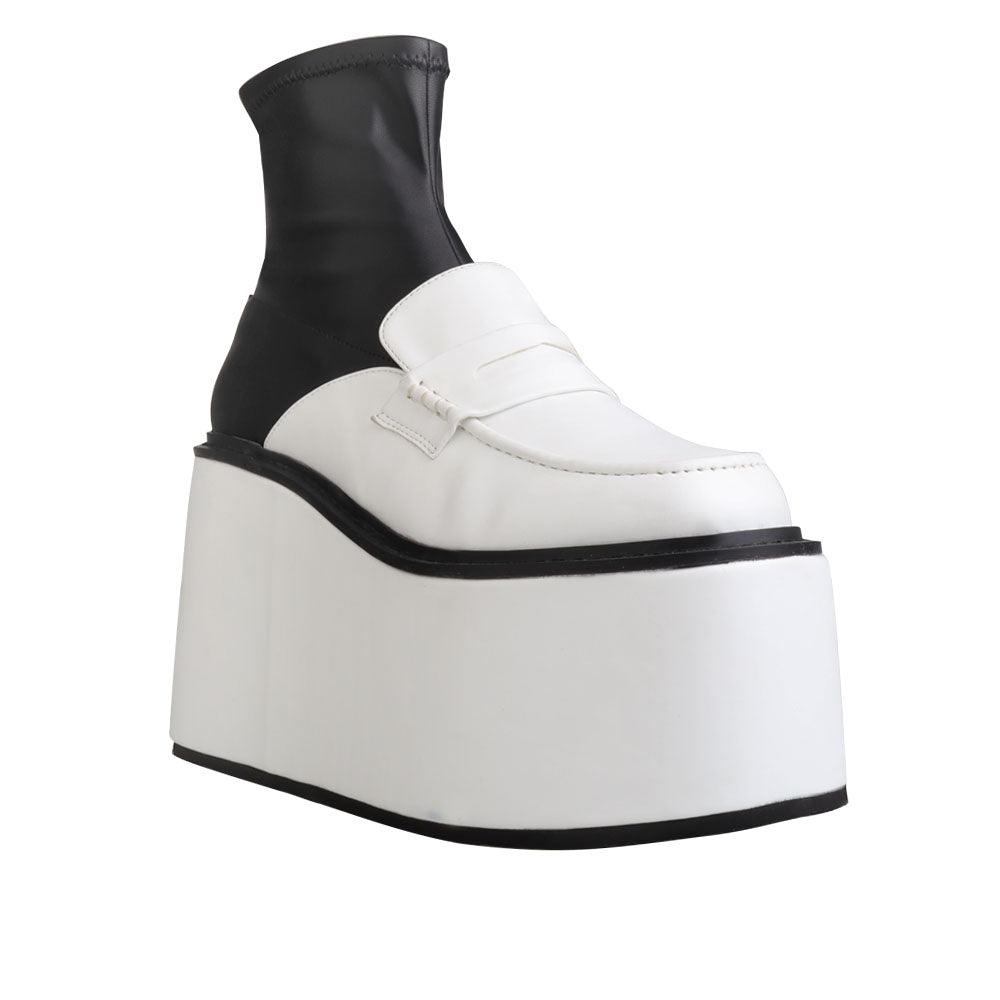 Black/white women's platform booties-corner view