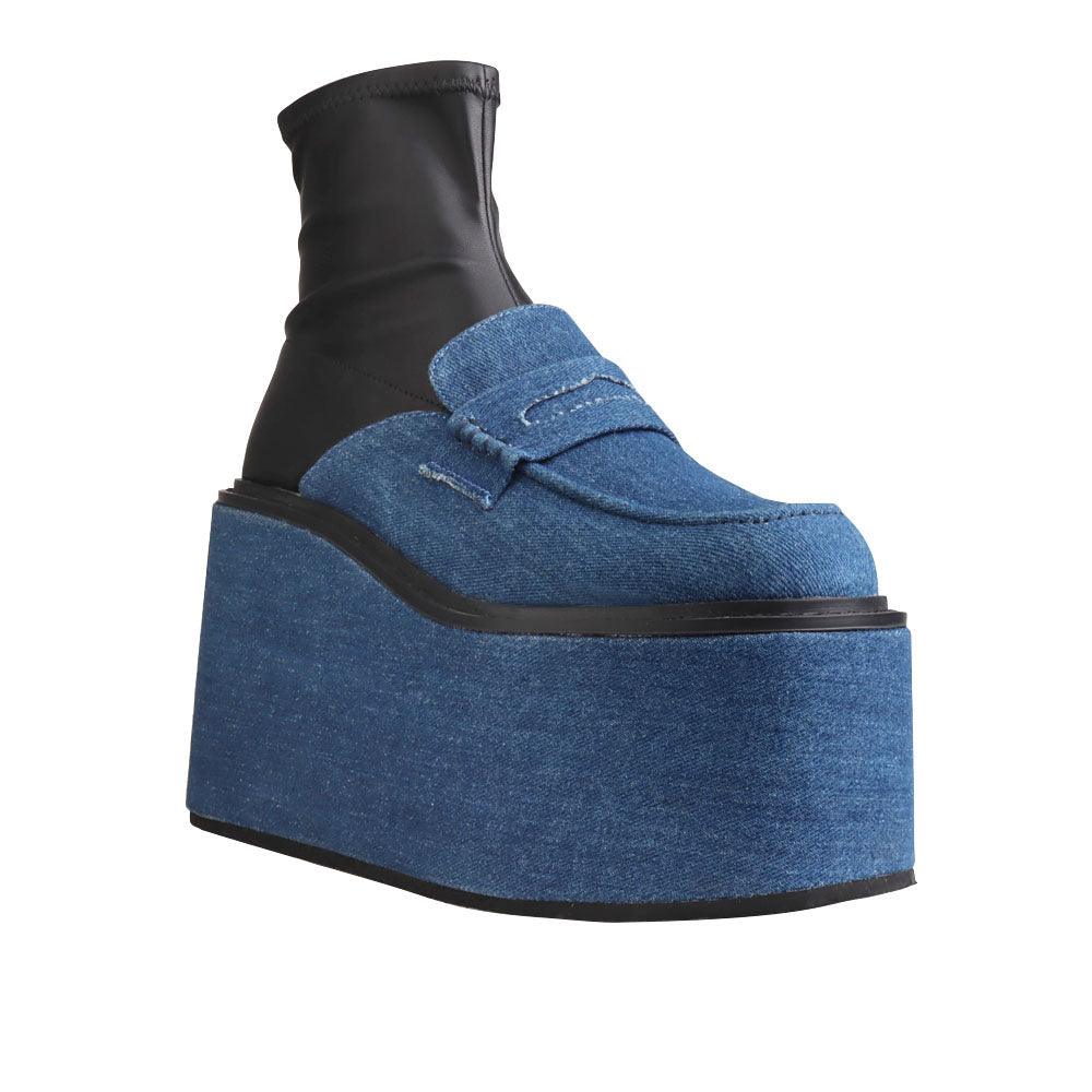 Black denim women's platform booties-corner view