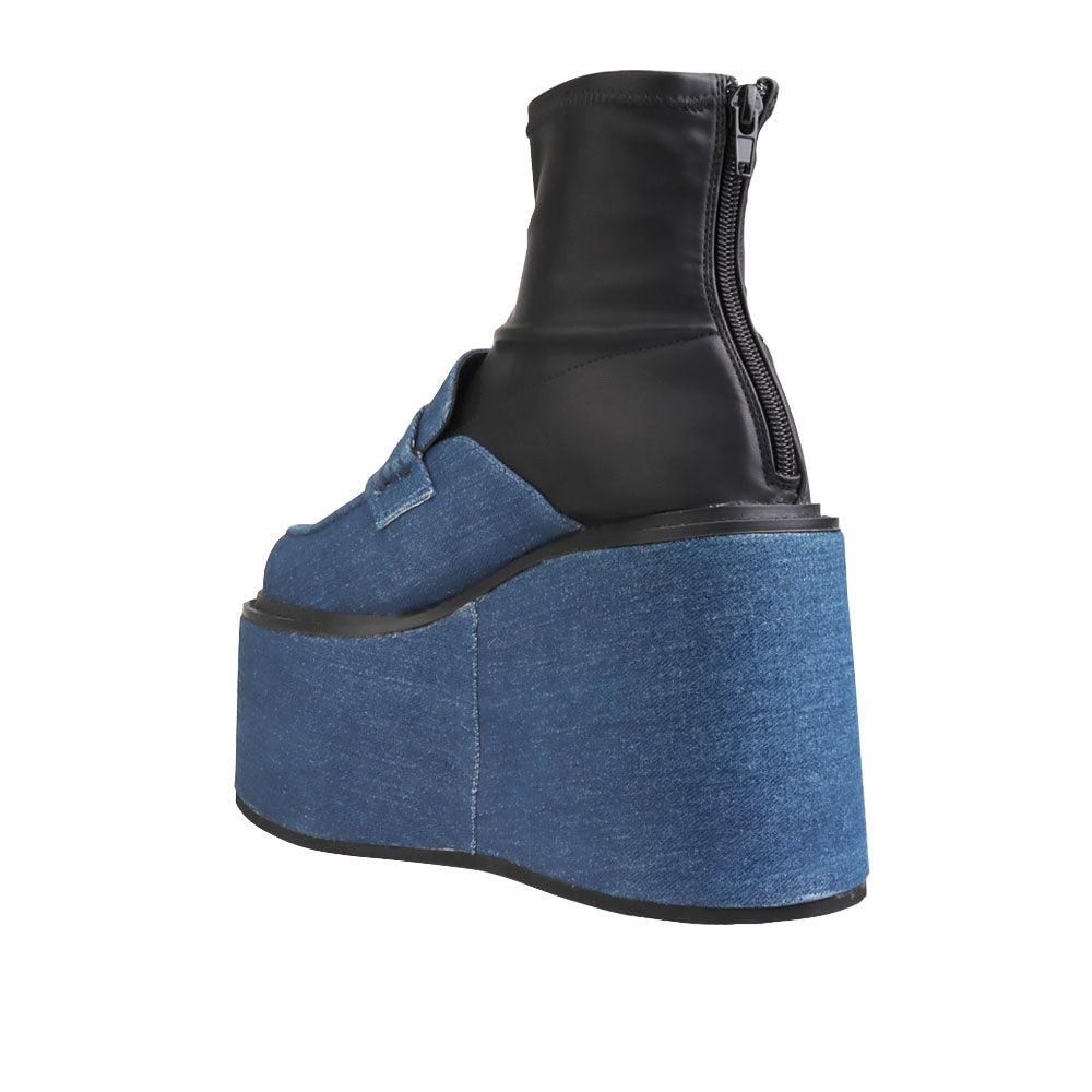 Black denim women's platform booties-posterior view