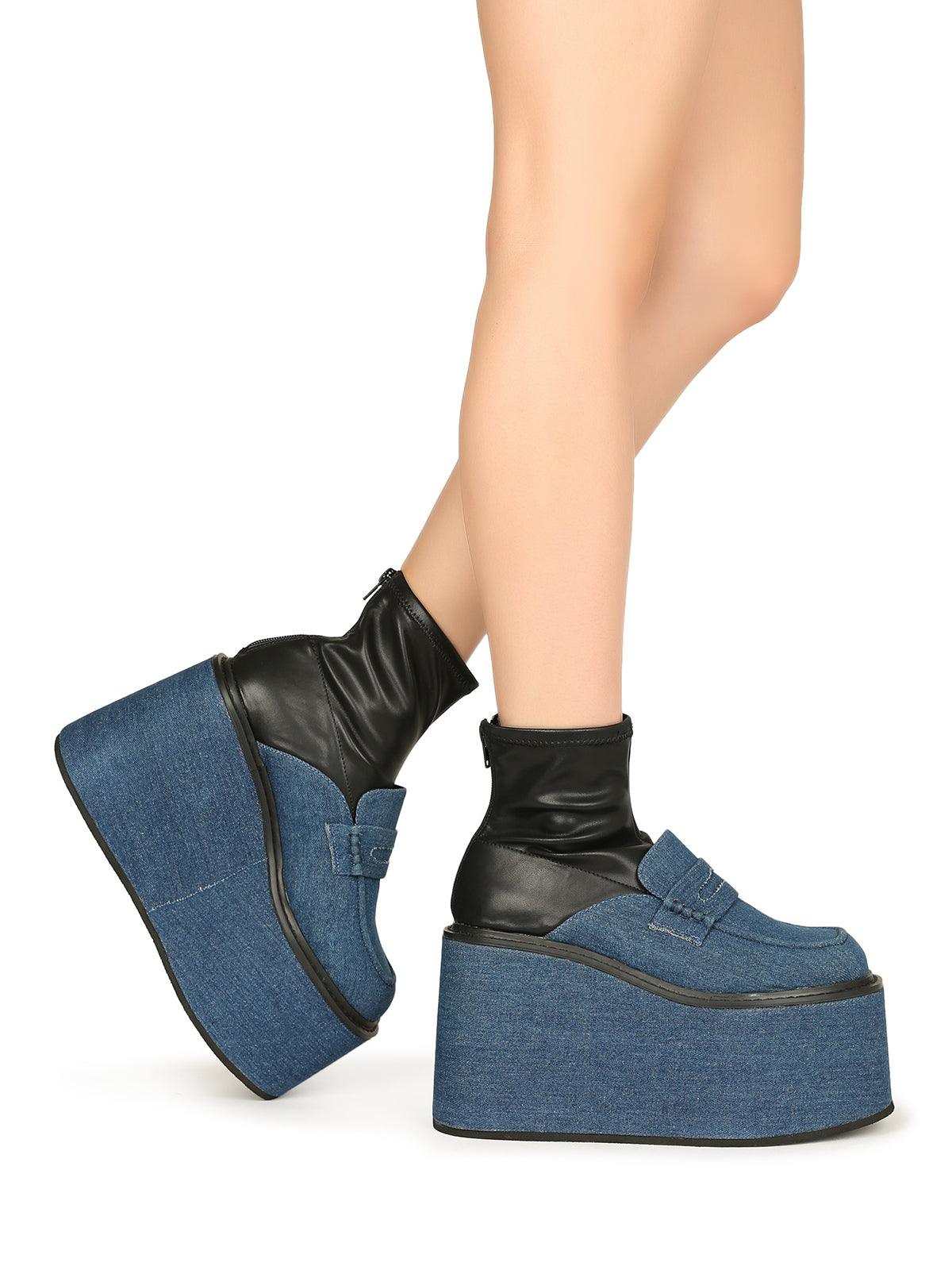 Black denim women's platform booties