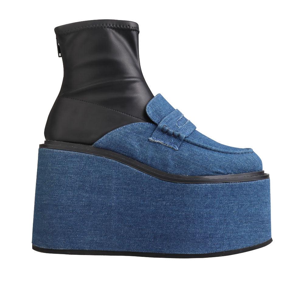 Black denim women's platform booties-side view