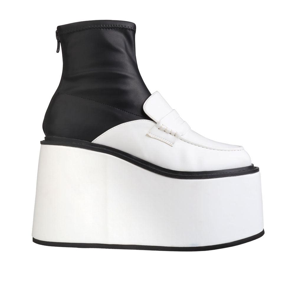 Black/white women's platform booties-side view