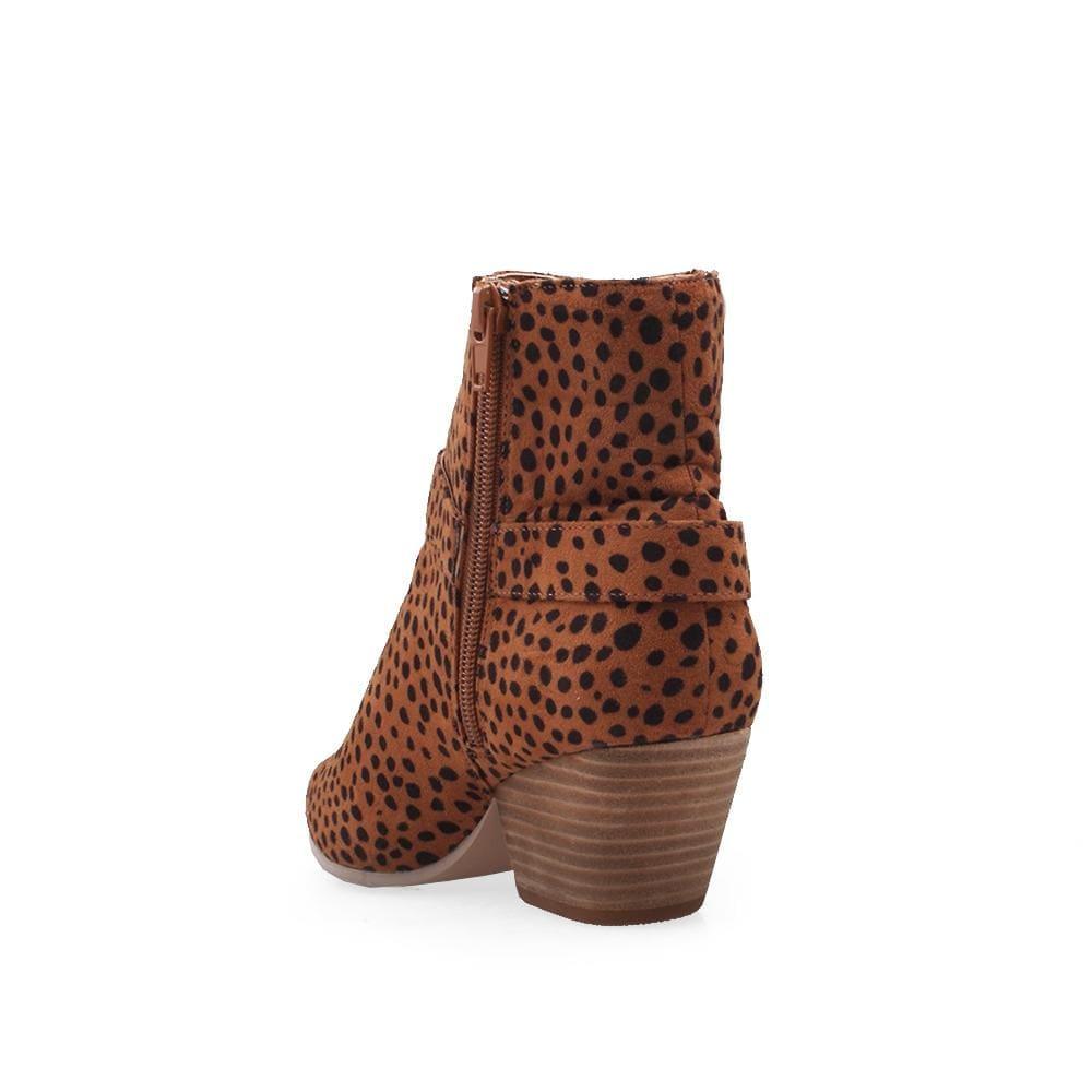 Cheetah upper women's chunky platform booties-posterior view