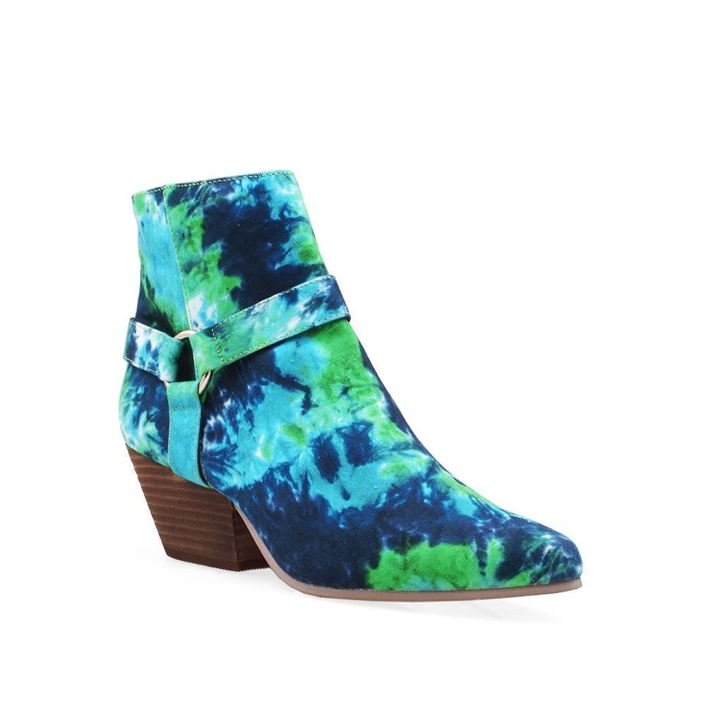 Blue/green canvas upper women's chunky platform booties-corner view