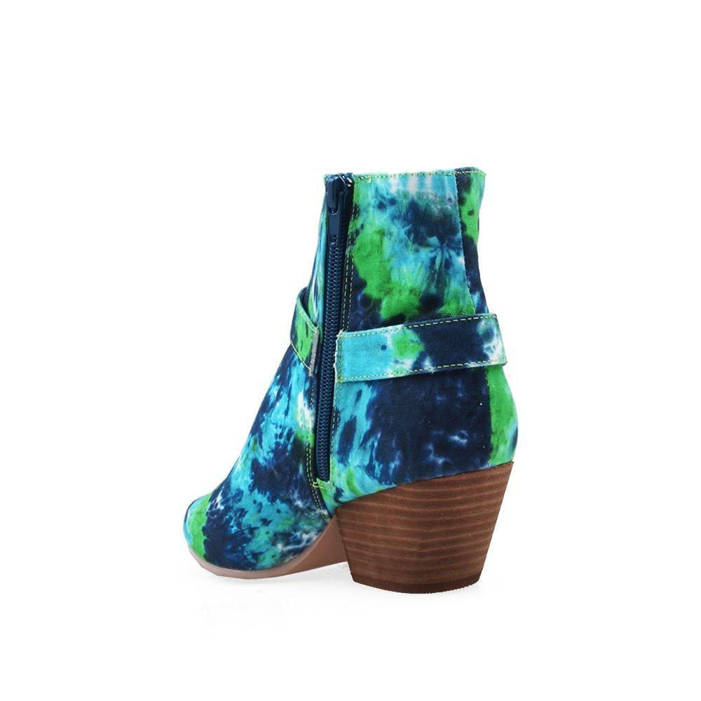 Blue/green canvas upper women's chunky platform booties-posterior view