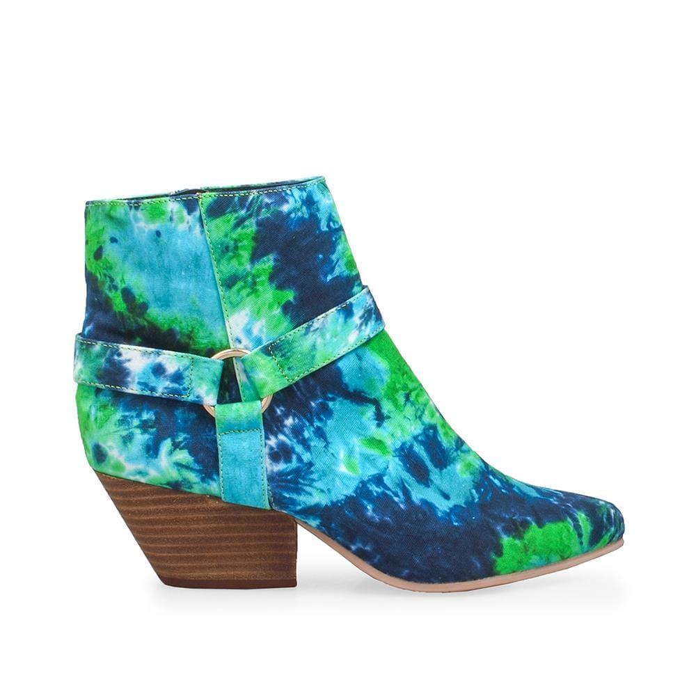 Blue/green canvas upper women's chunky platform booties-side view