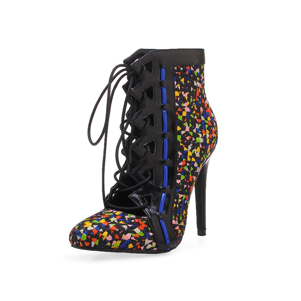 Leatherette women's heel with lace front in black/multicolour-corner view