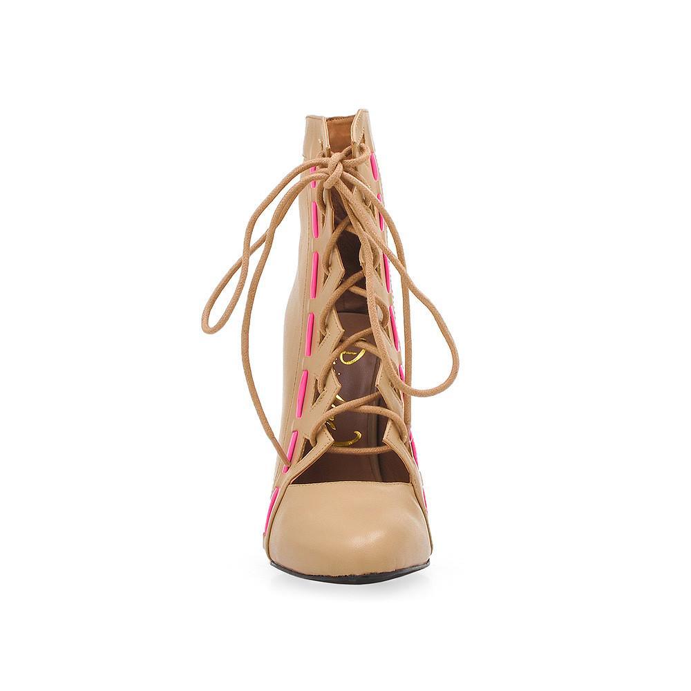 Leatherette women's heel with lace front in nude-front view