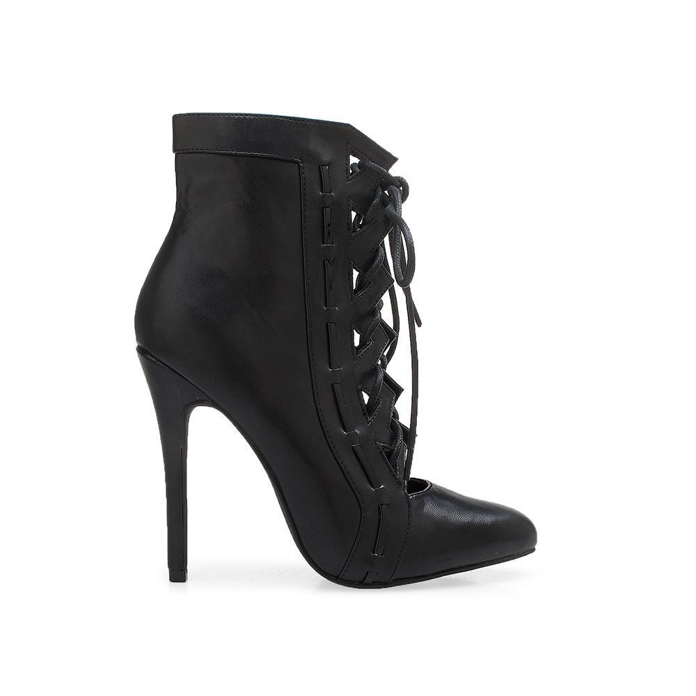 Leatherette women's heel with lace front in black-side view