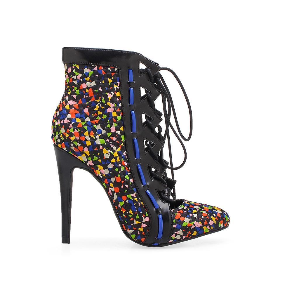 Leatherette women's heel with lace front in black/multicolour-side view