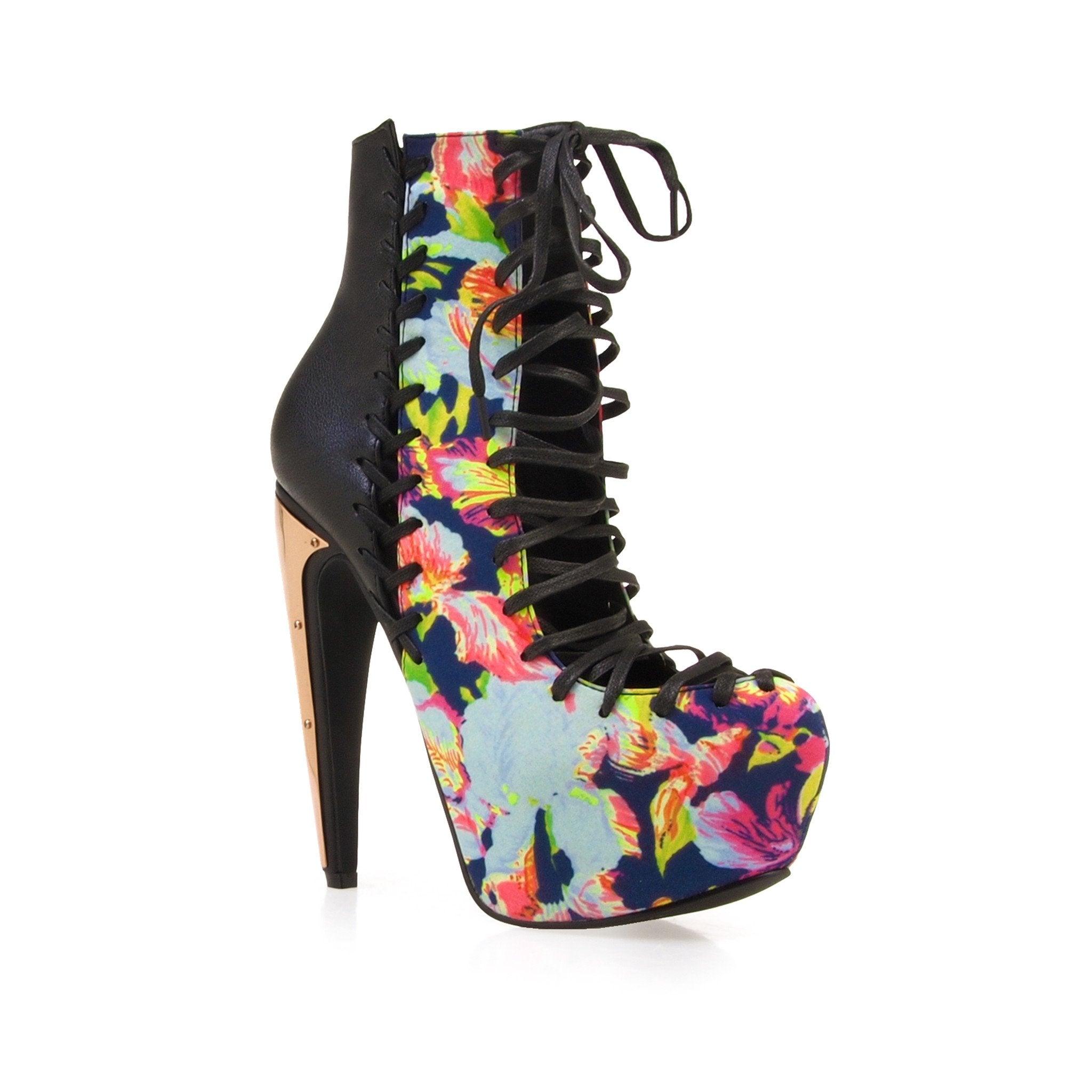 Floral print leatherette lace-up women's heel in pink/black-corner view