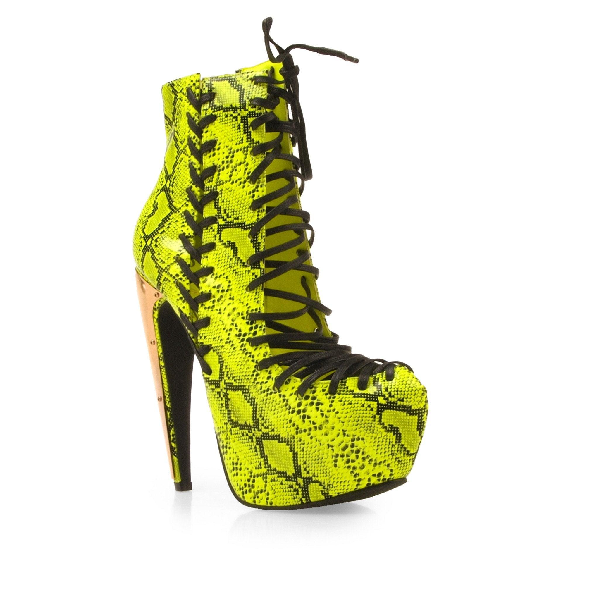 Snake print leatherette lace-up women's heel in neon yellow-corner view