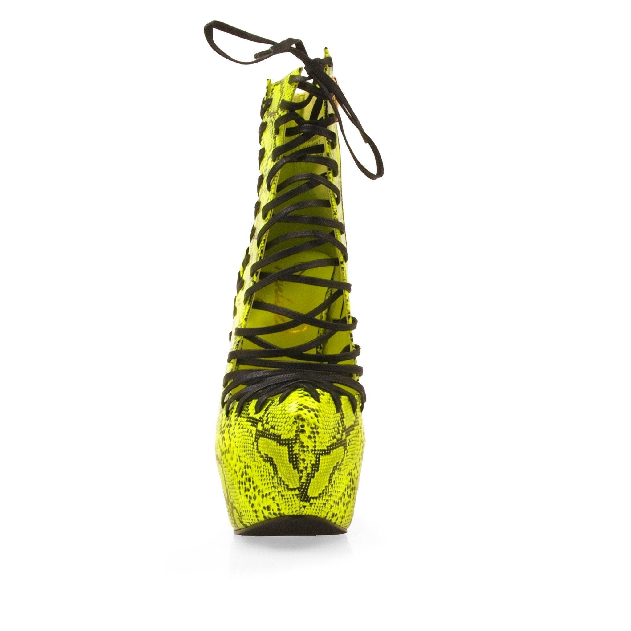 Snake print leatherette lace-up women's heel in neon yellow-front view