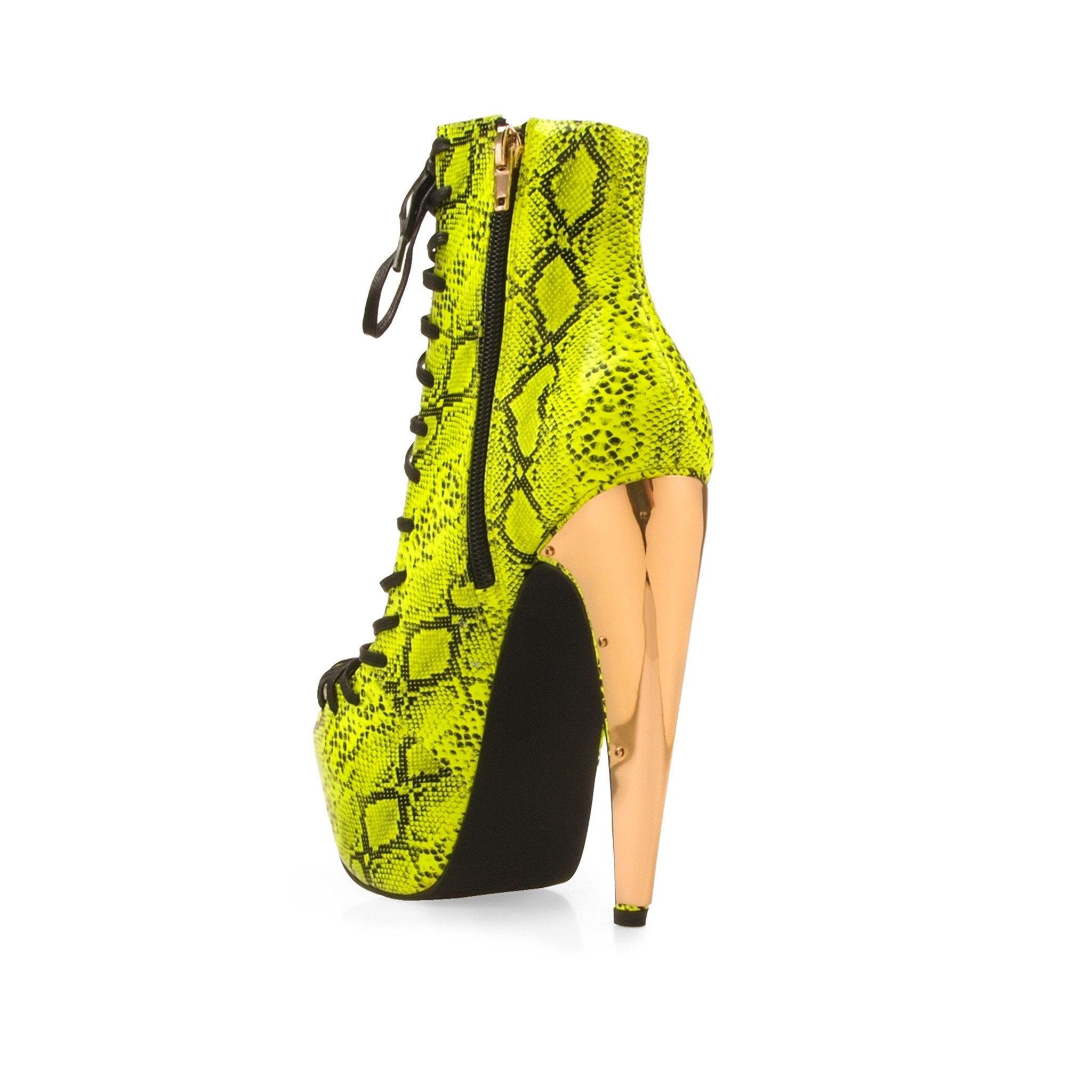 Snake print leatherette lace-up women's heel in neon yellow-posterior view