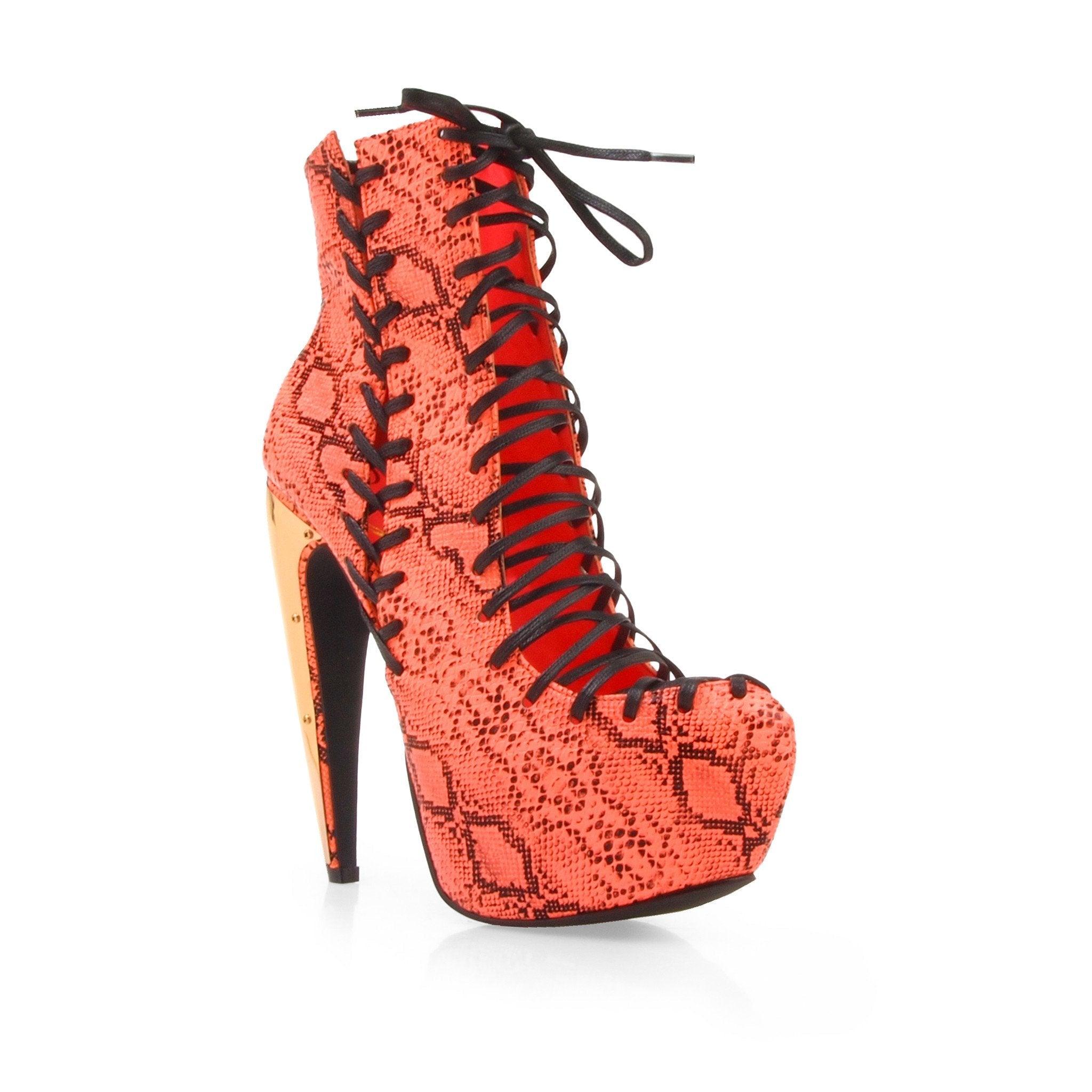 Snake print leatherette lace-up women's heel in neon coral-corner view