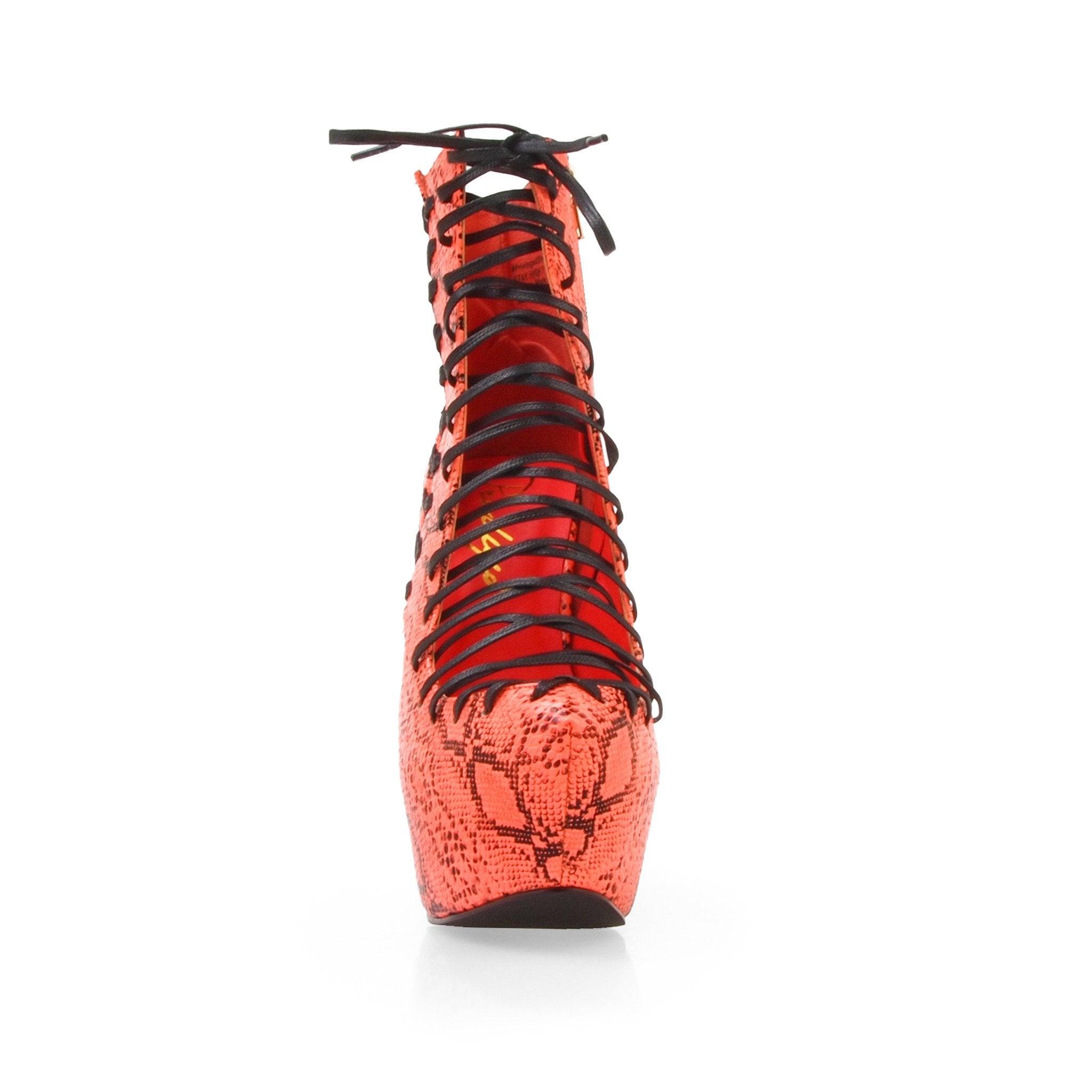 Snake print leatherette lace-up women's heel in neon coral-front view