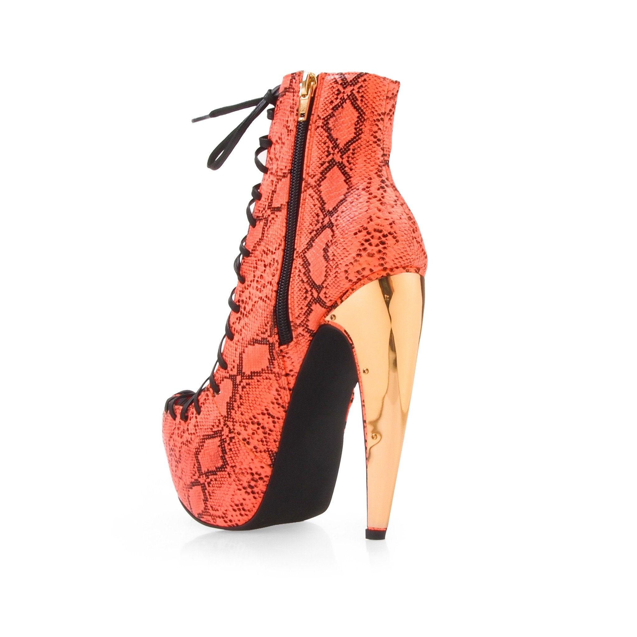 Snake print leatherette lace-up women's heel in neon coral-posterior view