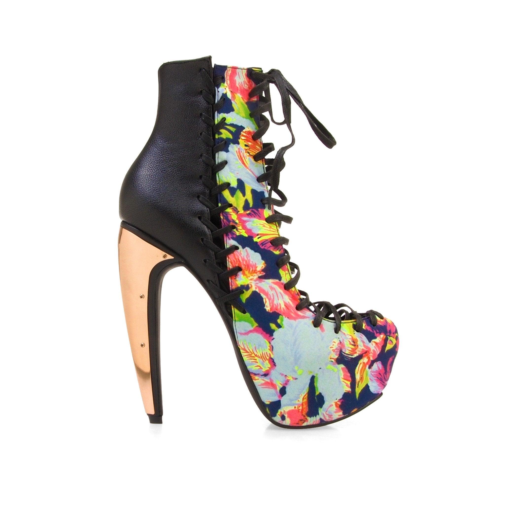 Floral print leatherette lace-up women's heel in pink/black-side view