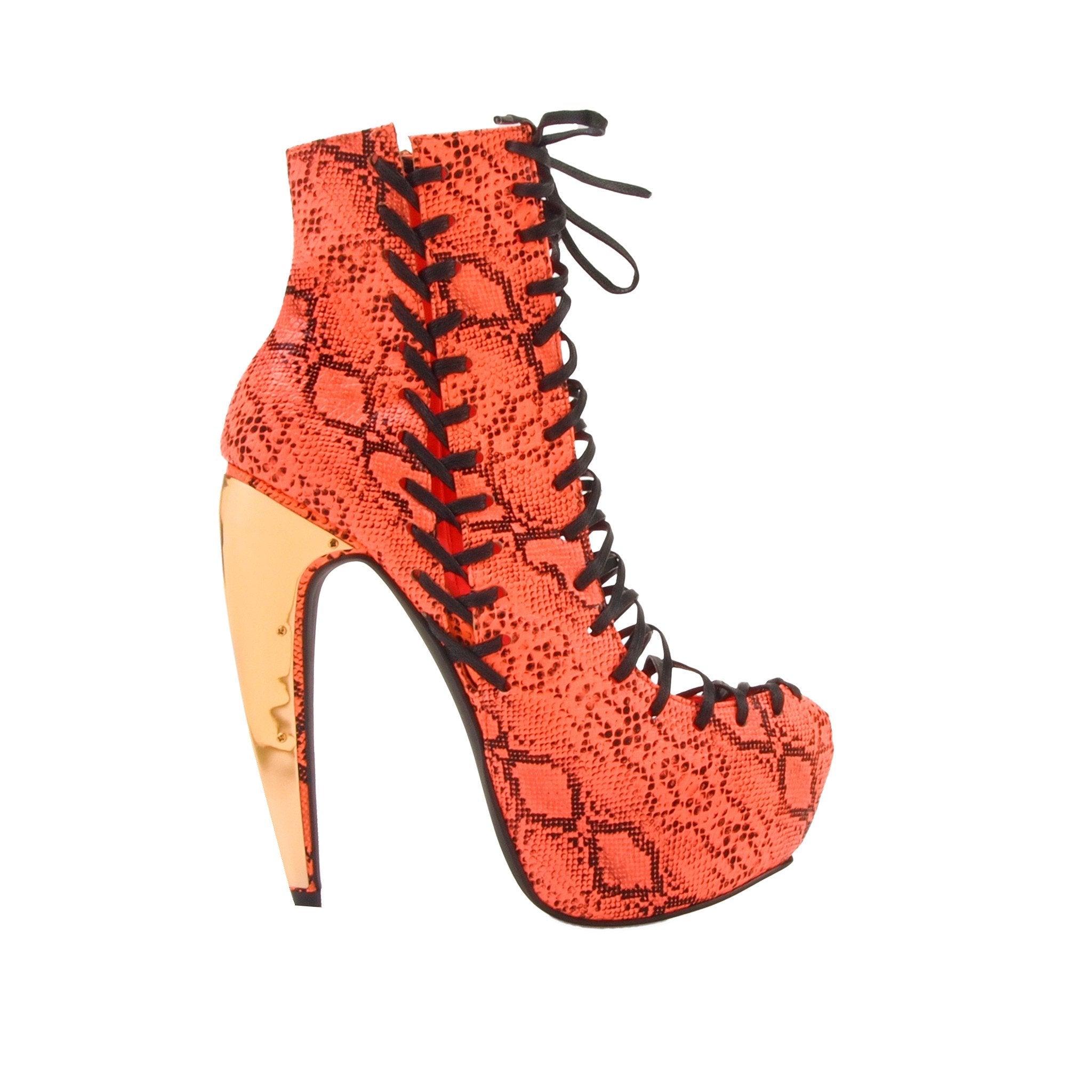 Snake print leatherette lace-up women's heel in neon coral-side view