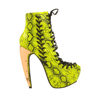 Snake print leatherette lace-up women's heel in neon yellow-side view