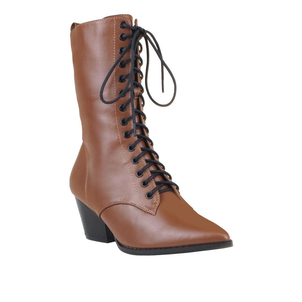 Taupe coloured vegan leather women's boot with sole and lace-up front-corner view