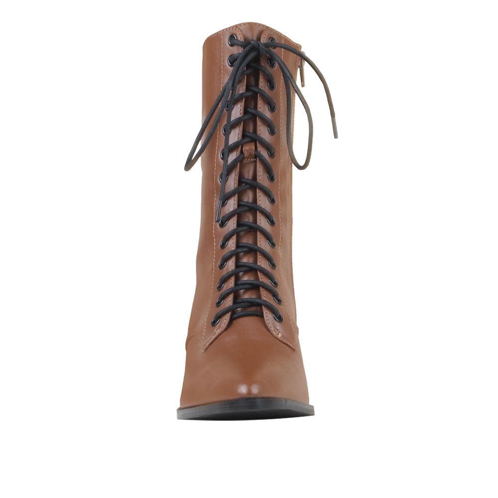 Taupe coloured vegan leather women's boot with sole and lace-up front-front view