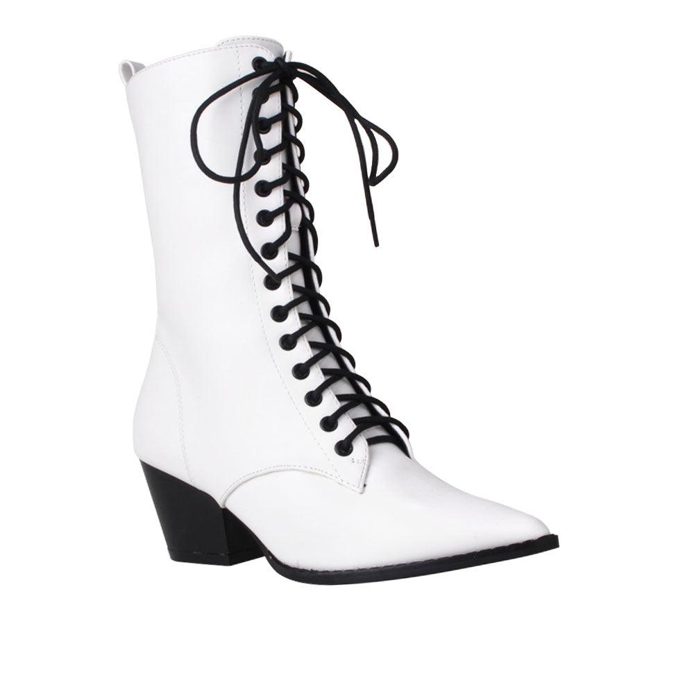 White coloured vegan leather women's boot with sole and lace-up front-corner view