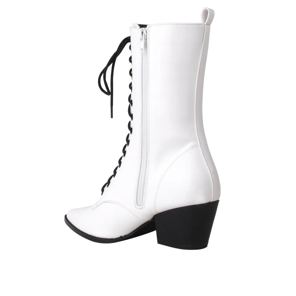 White coloured vegan leather women's boot with sole and lace-up front-posterior view