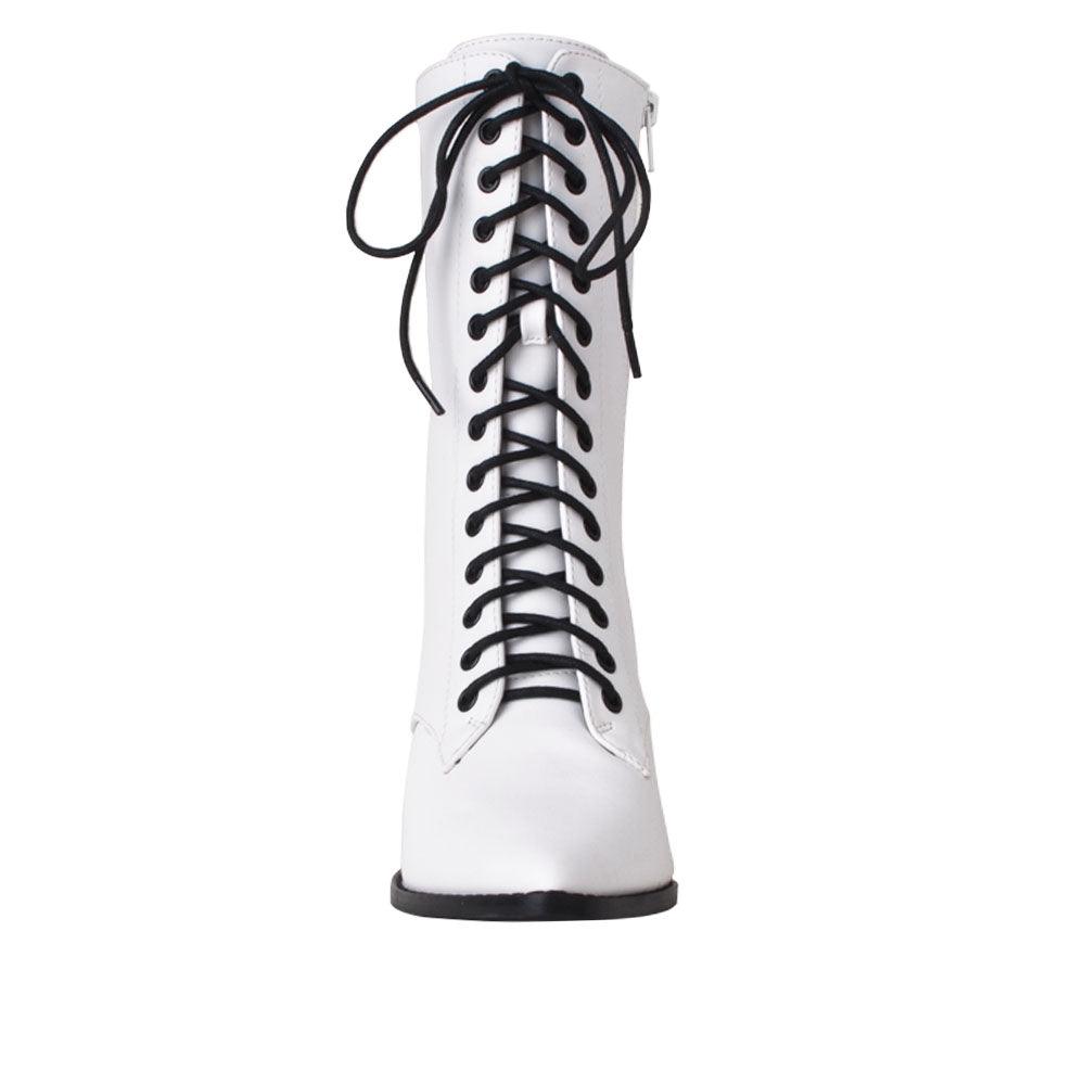 White coloured vegan leather women's boot with sole and lace-up front-front view