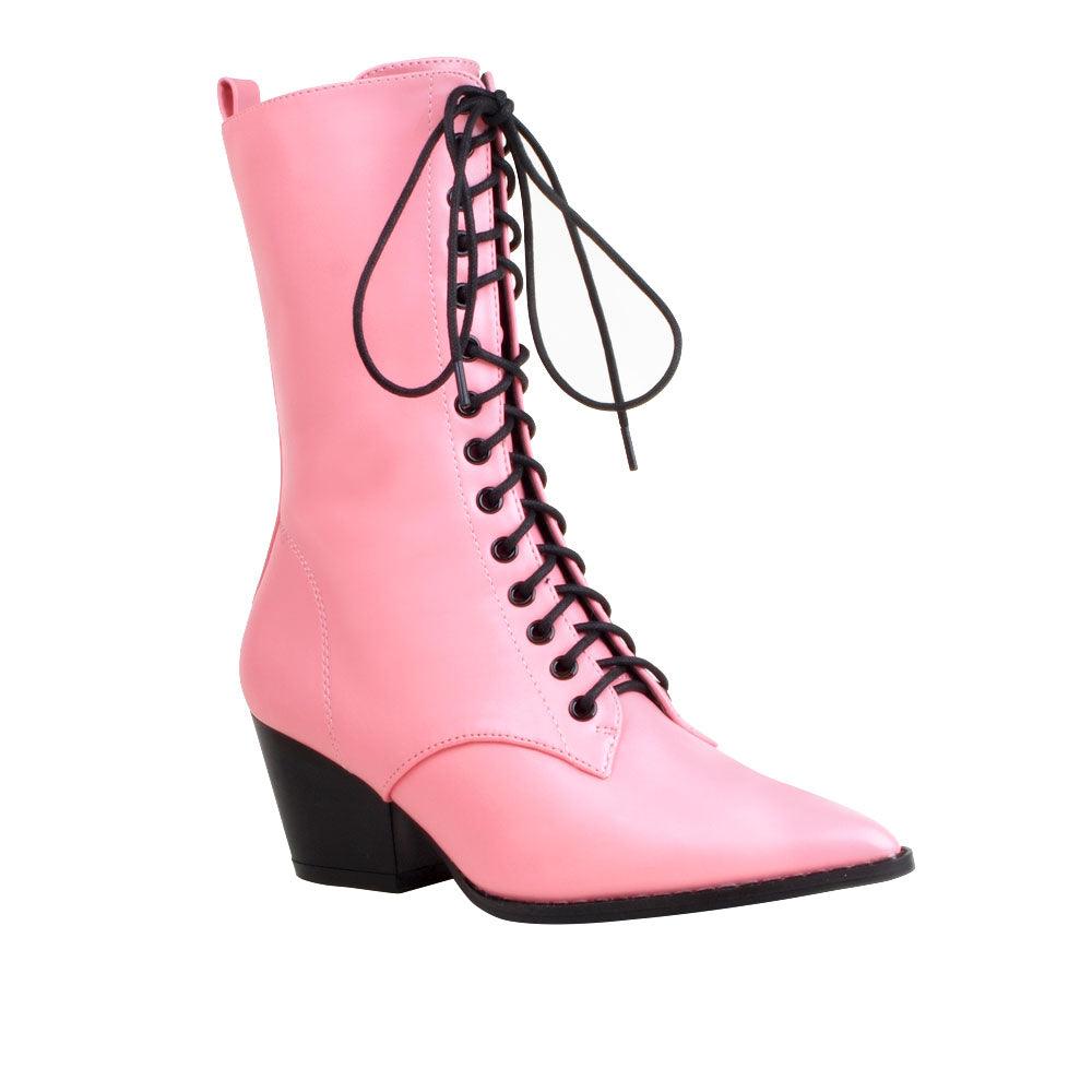 Pink coloured vegan leather women's boot with sole and lace-up front-corner view