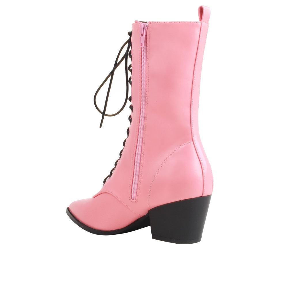 Pink coloured vegan leather women's boot with sole and lace-up front-posterior view